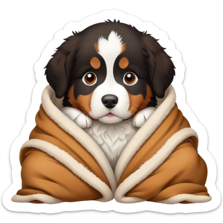 Cute, Disney-style Bernese mountain dog puppy cozy in blanket sticker