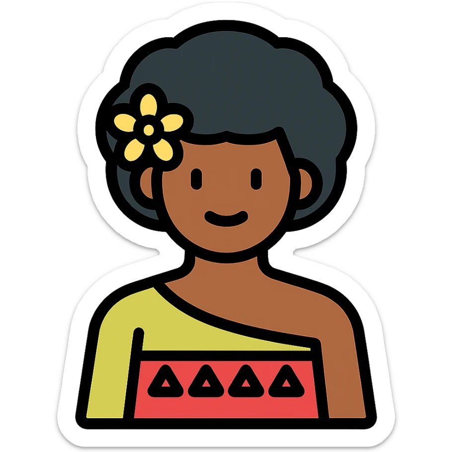 Fijian person with buiniga hairstyle, brown skin, wearing traditional Fijian attire icon sticker