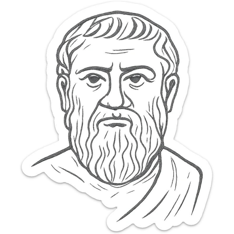 a hand drawn black outline portrait of Plato with similar-sized eyes based a famous portrait of him sticker