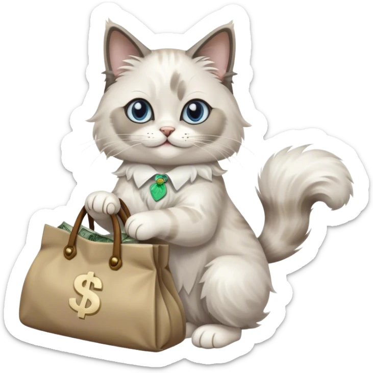 the ragdoll waves its paw and holds a bag of money sticker