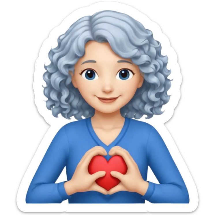 Silverhair, wavy/curly hair chin-length lady giving hug with 2 arms, blue v-neck and smiling, add a heart sticker