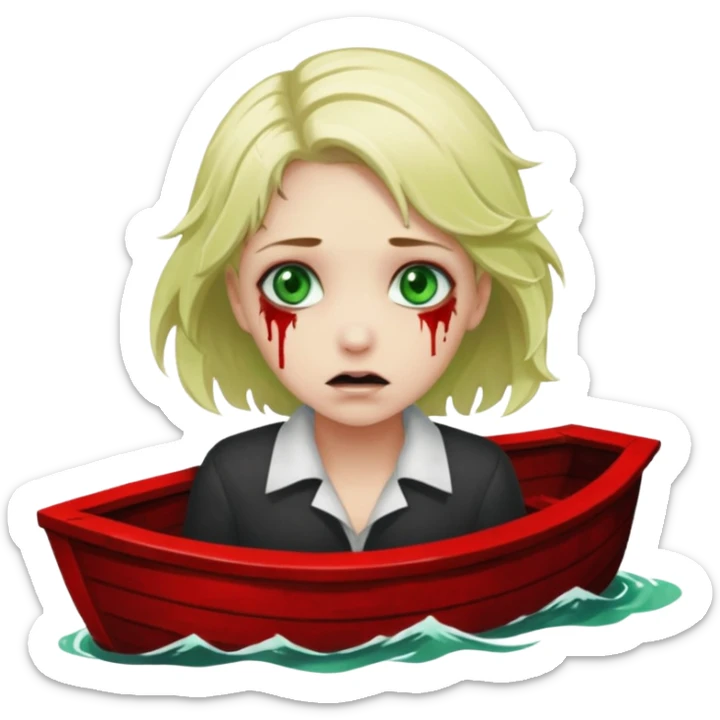 sad depressed weak cs major who is a pretty girl with blond hair and green eyes drowning on ship, very pretty very sad and weak. Near death almost dead drowning. But the pretty girl is like the whole ship and her face is on the helm dark lovecraft evil. sticker