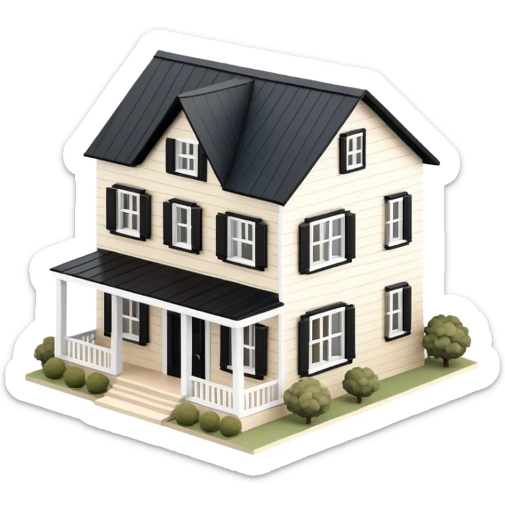 Isometric exterior little black, beige, and white modern farmhouse, dollhouse style 3D realistic  sticker
