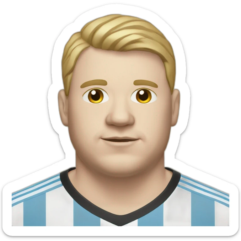 fat white man. short hair. Argentina soccer shirt sticker