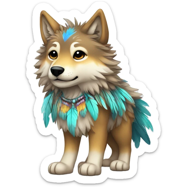 Fluffy Shy Colorful Chibi Spiritual Shamanic Wolf With Shiny Tribal Markings wearing feathers Full Body sticker