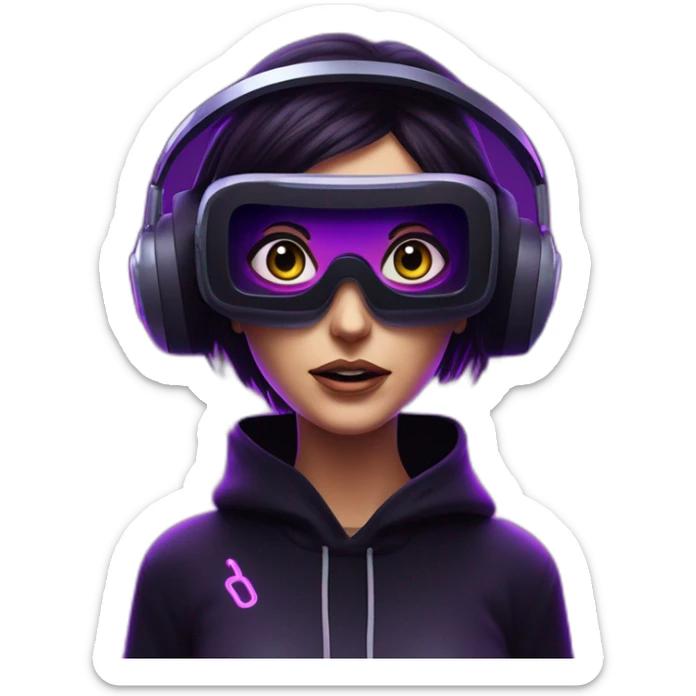 Cathie Wood wearing a black hoodie with "OMG" letters on it and VR headset in a cyberpunk VR environment with violet neon lighting. sticker