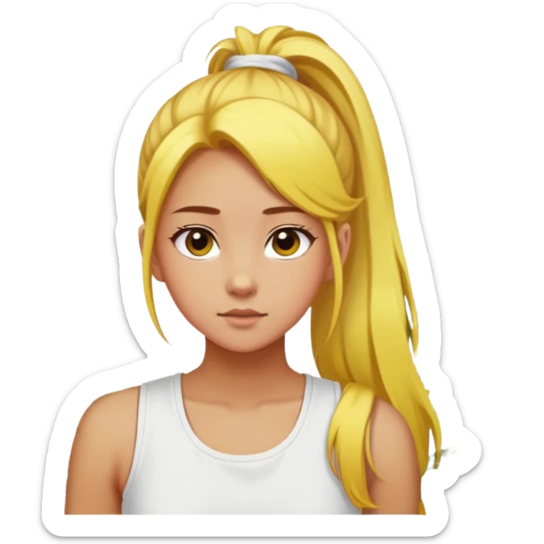 A girl with a high ponytail, a yellow hair tie, and a sleeveless white top, surrounded by blooming forsythias. sticker