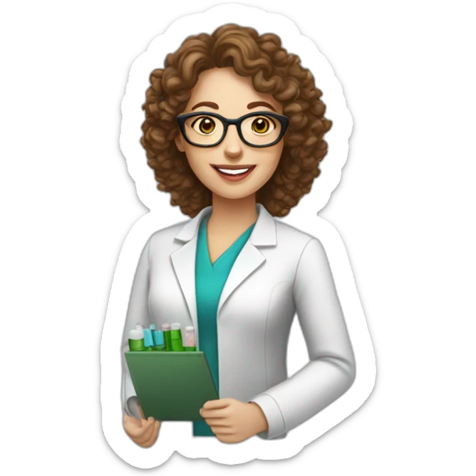 pharmacist white woman brown curly hair with test tube glasses sticker