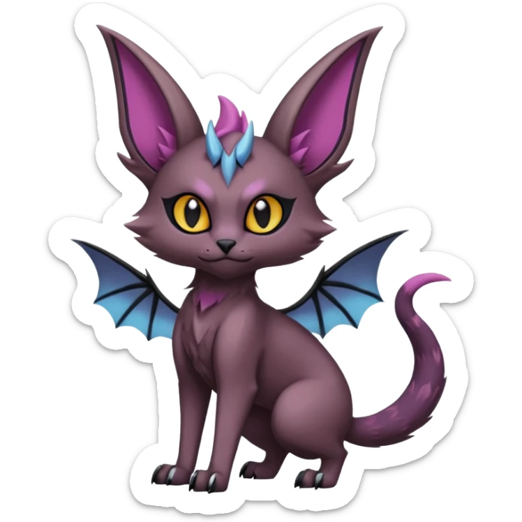 dark edgy dull pointy edgy Noivern-Noibat-Purloin-Torracat-Lykoi-Caracal-cat-Fakemon-fusion-hybrid-creature, with bat-wings on head as ears sticker
