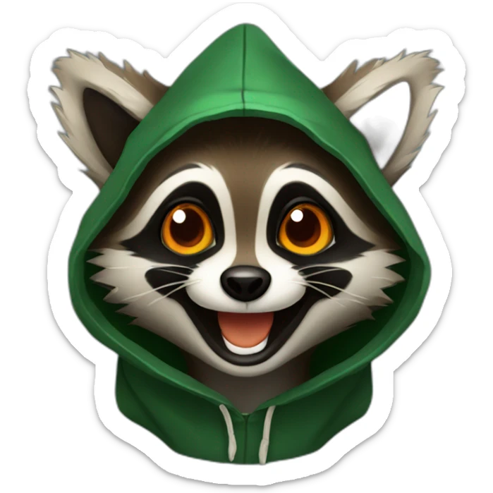 a small brown raccoon with orange eyes and a dark green hood that is laughing sticker