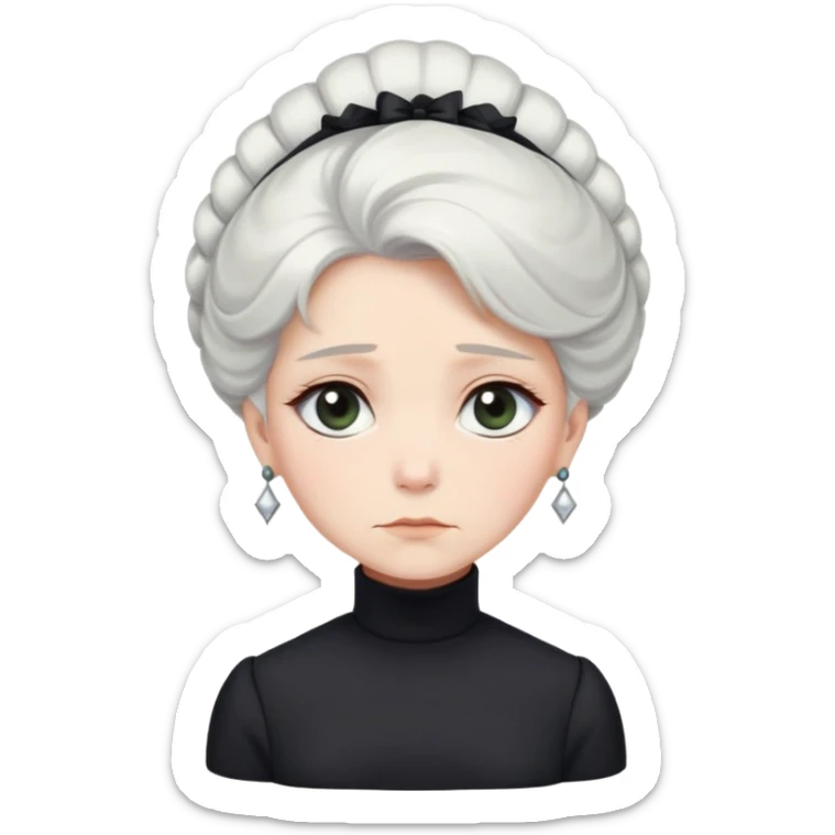 A Victorian woman with elegant coiffed white hair and light eyes wearing a simple modest black turtleneck mourning dress without jewelry looking down with a forlorn expression sticker