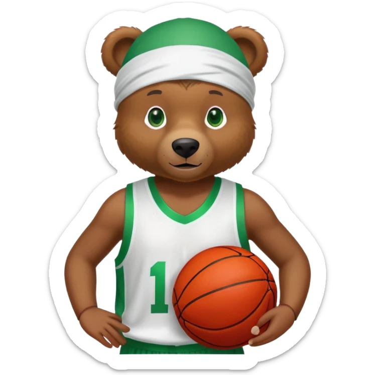 Cool brown bear with green eyes in a white silk durag and red basketball jersey showing just the top shoulders and collar, iOS emoji style sticker