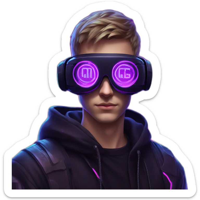 Russian young man wearing a black hoodie with "OMG" letters on it and VR headset in a cyberpunk VR environment with violet neon lighting. sticker