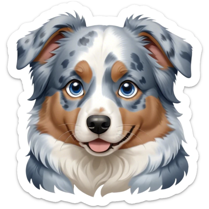 Cinematic Noble Tan Point Blue Merle Australian Shepherd Portrait Emoji, Poised and regal, with a strong, agile build and a striking coat featuring a blue merle base with bold tan points and crisp white accents, piercing blue eyes, Simplified yet sharp and sophisticated features, highly detailed, glowing with a soft, dignified glow, high shine, intelligent and loyal, stylized with an air of strength, focused and attentive, soft glowing outline, capturing the essence of a watchful and confident herder, so majestic it feels as though it could step out of the screen with effortless authority! sticker