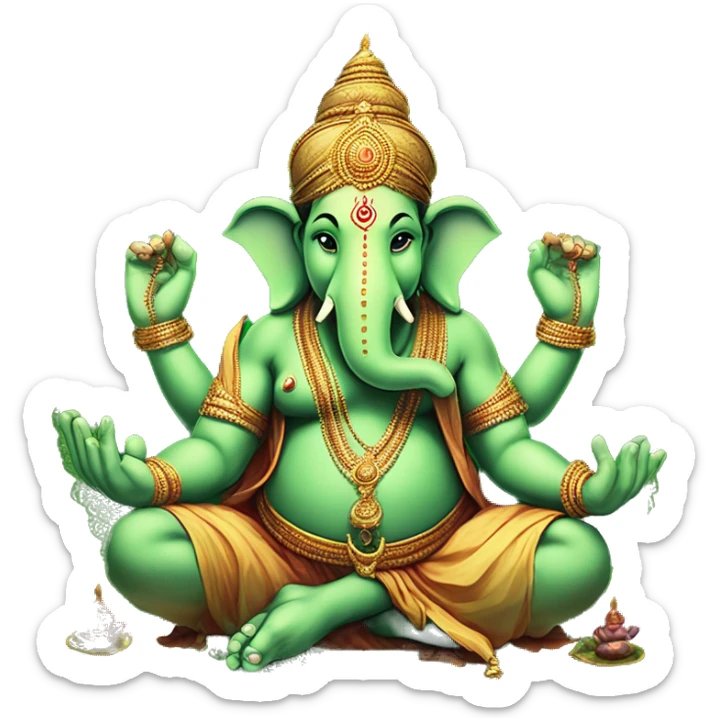 green ganesha hindu god with 4 hands, one hand with a rope, one hand with broken horn, one hand with and sphere and roght low hand in varada mudra sticker