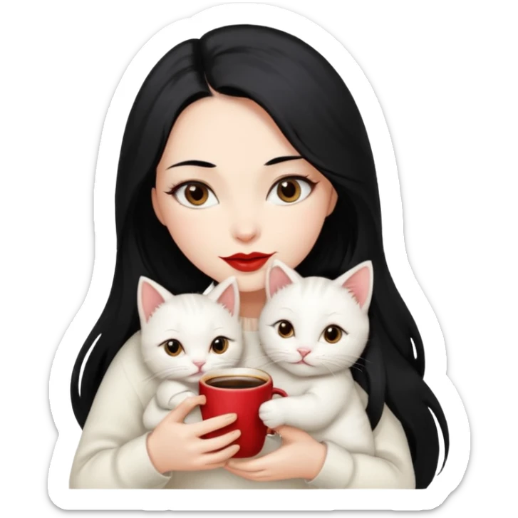 Beautiful Lady Long Hair black, Skin White, Sweater White , Big Red Lips, Eyes coffe, Huggie a One Little Baby Cat color Cream eyes coffe sticker
