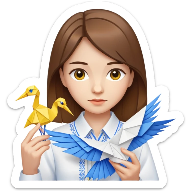 Ukrainian young girl with brown hair wearing a white embroidered shirt holds an origami yellow-blue crane sticker