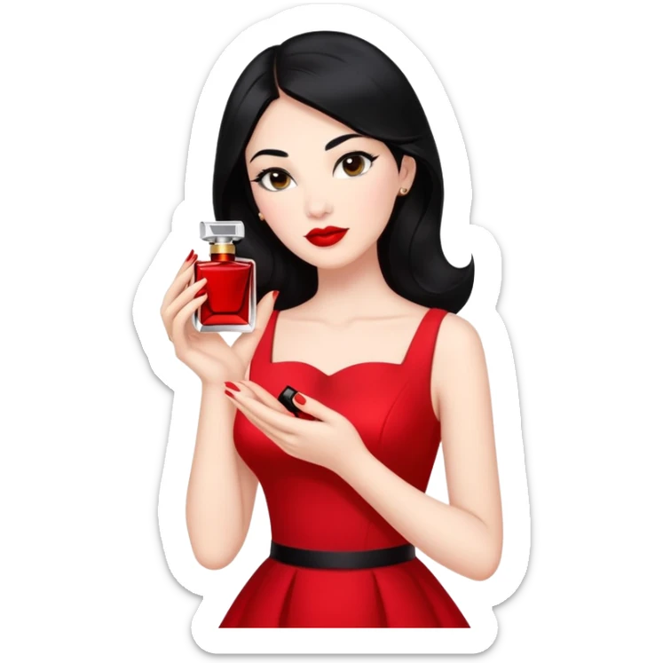 A grown woman wearing a red dress , red lipstick , black hair while holding perfume oils  sticker