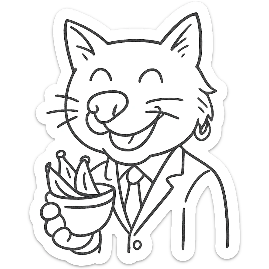 cat with a dog nose, wearing a suit, earring, holding a cup of bananas, playful expression sticker