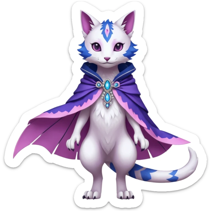 Kawaii white, indigo, purple, pink cute beautiful pretty elegant divine edgy feline-vernid-sergal-Fakémon-Pokémon-Digimon-fursona-animal-creature, full body, with intricate detailed markings, Embroidered capelet, silken shawl sticker