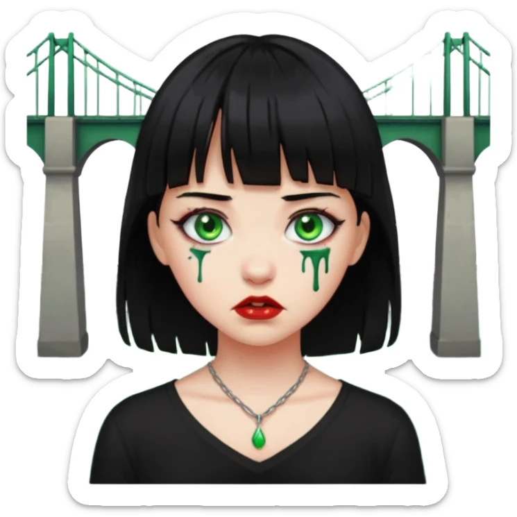 Guria com cabelo preto franjinha sangrando olhos verdes  fundo preto e um piercing bridgepiercing sticker