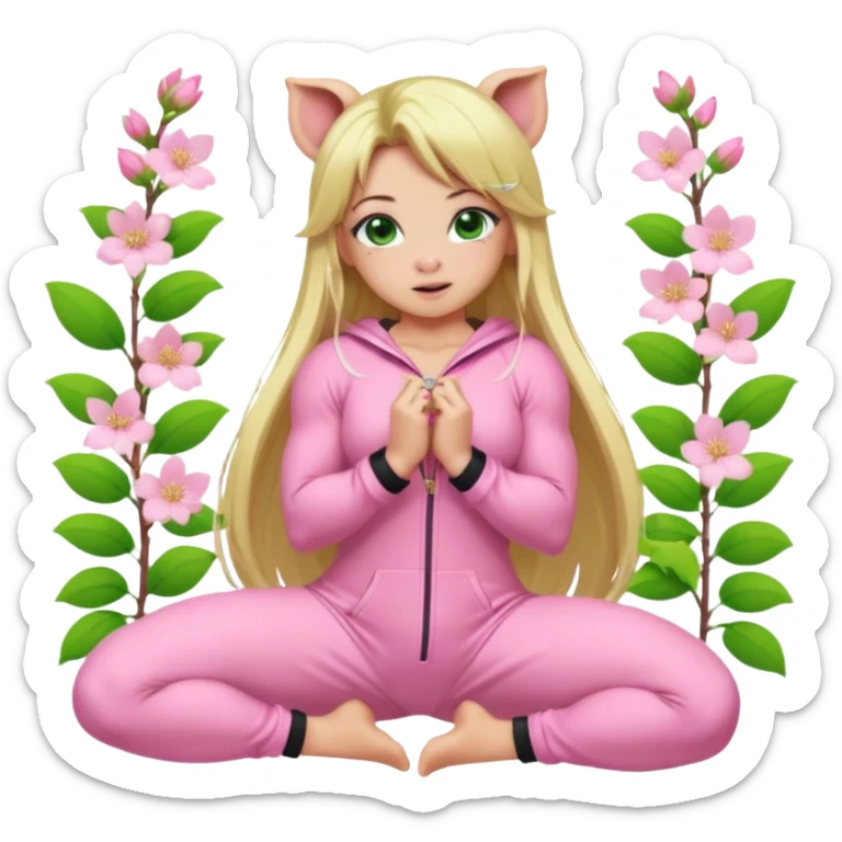 sexy and muscled, full body, in pink kegurumi pig pijamas, sexy girl, long blond hair, beautiful green eyes, makeup, earrings, muscled, surrounded by pink flowers and sakura petals sticker
