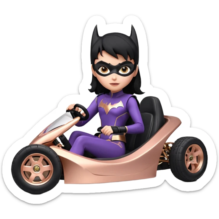 Hot full size real-appearance enclosed electric racing action BatGirl’s feminine midnight-colored tight outfit sixty’s tv show 1992 dark stealthy sporty safe plush petite off-road pursuit cruiser car rose gold accents (black hair,reclined and relaxed torso and shoulders seating position) go kart  sticker