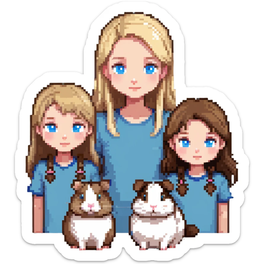 Family portrait with father with dark brown hair and blue eyes, mother with light brown hair and blue eyes, three blonde little girls with blue eyes, plus a grey cat and two guinea pigs sticker