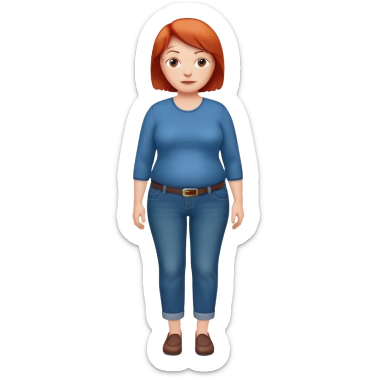 Lazy old Short woman with straight short red hair and fat tummy..wears business casual jeams and full sleeve  tshirt sticker