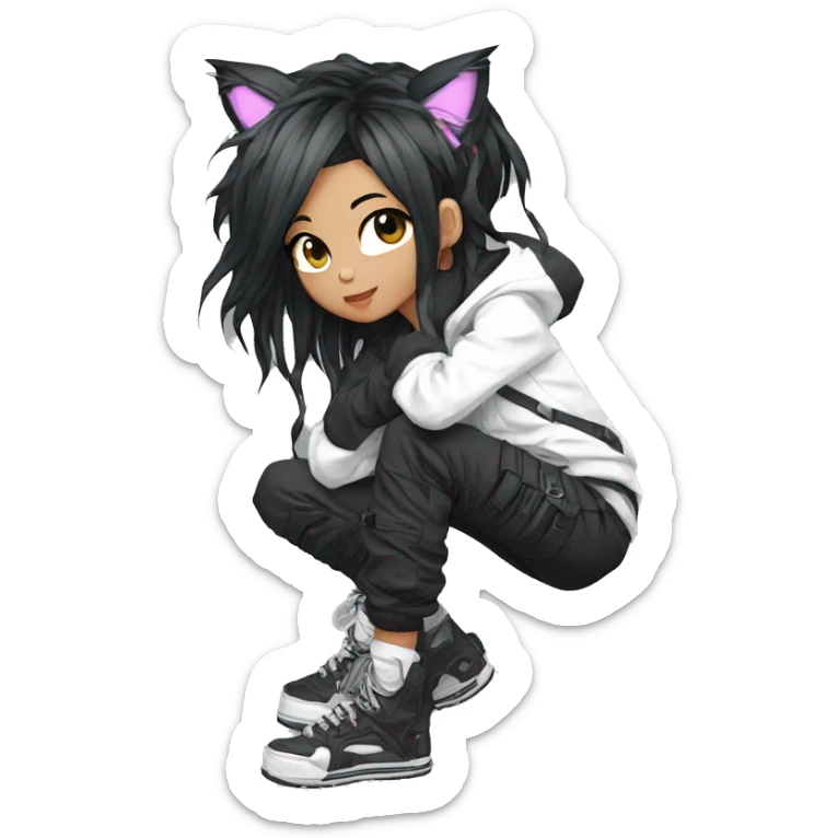 Edgy beautiful pretty anime punk tomboy with cat ears techwear cargo pants hoodie sticker