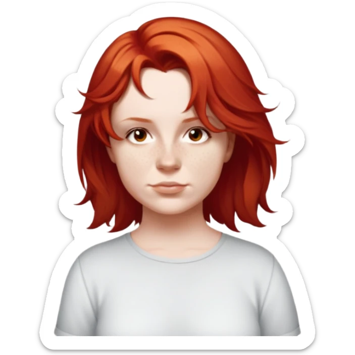 female, little-way hair to shoulder, wearing shirt sticker