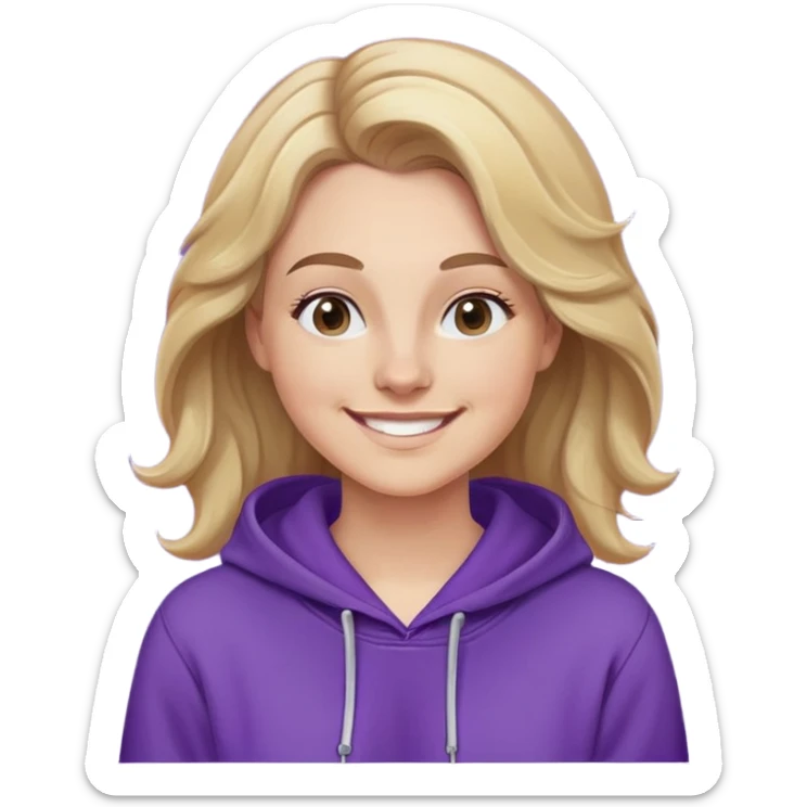 Mujer caucasian, cara redonda, cejas suaves, pelo ondulado castaño claro con puntas rubias, raya al lado. Sonrisa amplia, expresión feliz. Hoodie lila puesta sticker