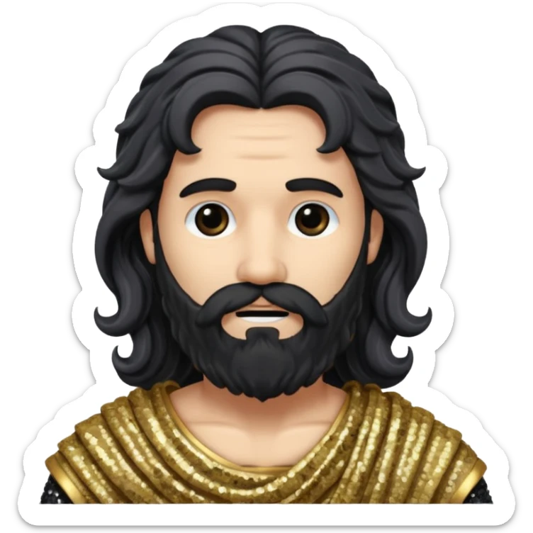 Pluto, God of Death from Roman Deities with long black wavy hair and beard, dark grey sequin toga sticker