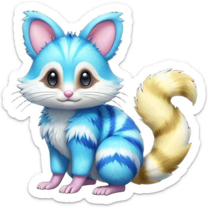 Realistic cute Neon-yellow and neon-cobalt-blue- and cyan-gradients Furret-Emolga-Genet-Cacomistl-hybrid-fusion (full body) sticker
