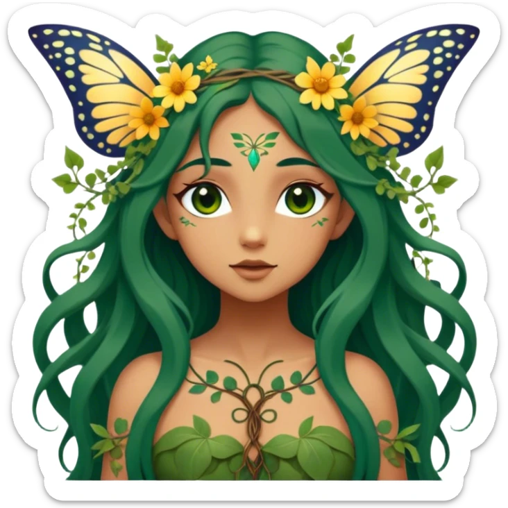 Cinematic Realistic Forest Nymph Fairy Portrait, depicted with lifelike, sun-kissed tanned skin that radiates an earthy glow, softly illuminated by natural, dappled light. Her long, flowing dark green hair is intricately detailed and interwoven with delicate vines and wildflowers, while her deep, soulful eyes mirror the wisdom of the forest. Dressed in an attire inspired by nature’s palette—with subtle botanical motifs—the portrait exudes a soft, enchanted glow that melds realism with woodland magic showing her large butterfly wings. sticker