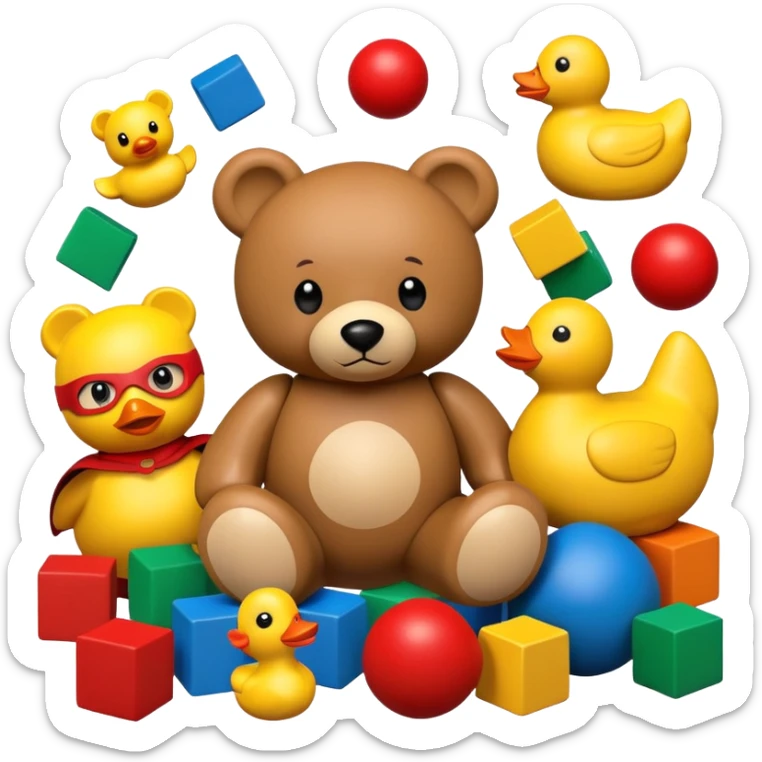 colorful children's toys scattered - teddy bear, yellow duck, wooden blocks, red ball, superhero figure sticker