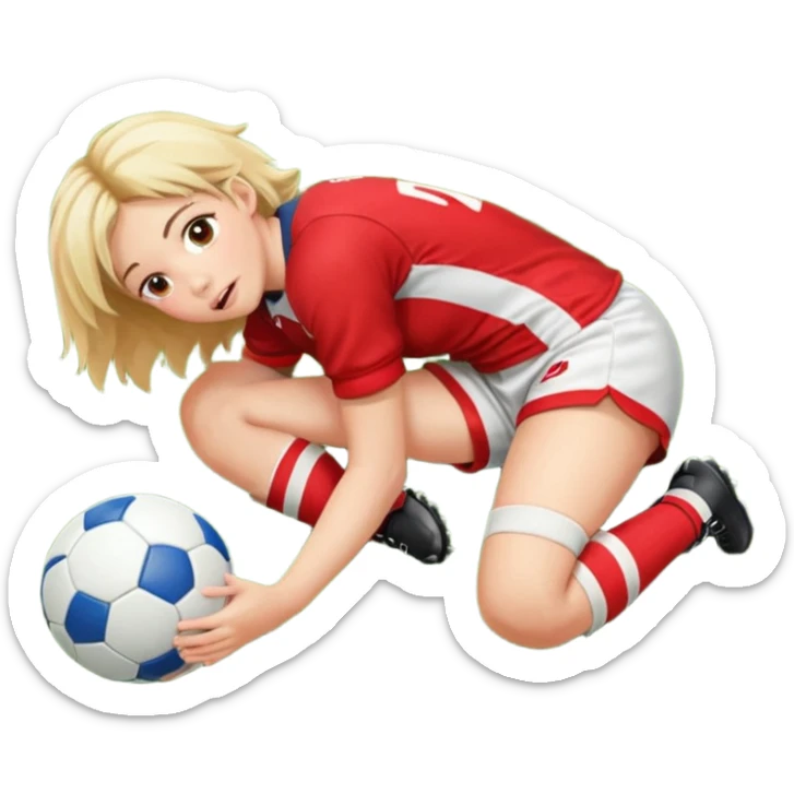 Chica de pelo rugby tirada en el suelo de un campo de rugby boca abajo agarrando un balón con las manos vestida con una equipación de color rojo y blanco con líneas y con unas botas de tacos de fútbol, con un bucal en la boca sticker