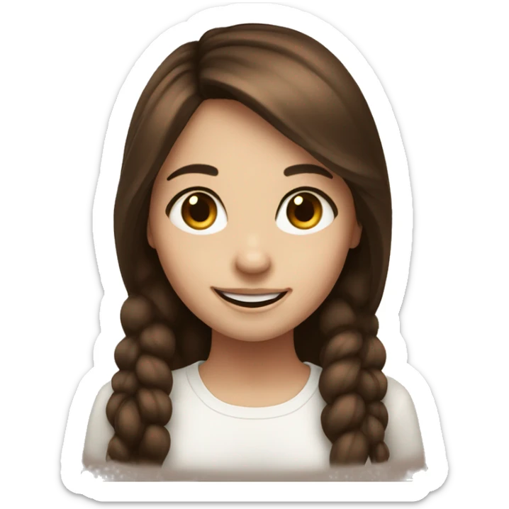 A sweet smiling girl with white skin and brown eyes touches her brown hair sticker