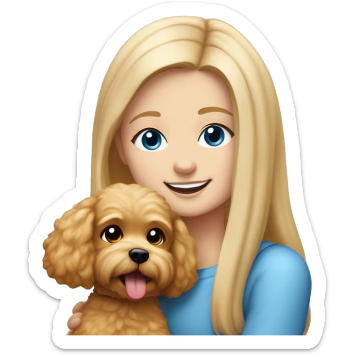 Blonde girl with very long straight hair and blue eyes is hugging a small caramel maltipoo and the dog is smiling  sticker