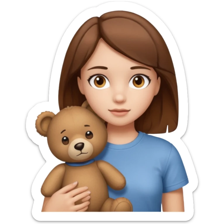A Girl with Brown hair and Brown eyes with a t-shirt of a Teddy bear sticker