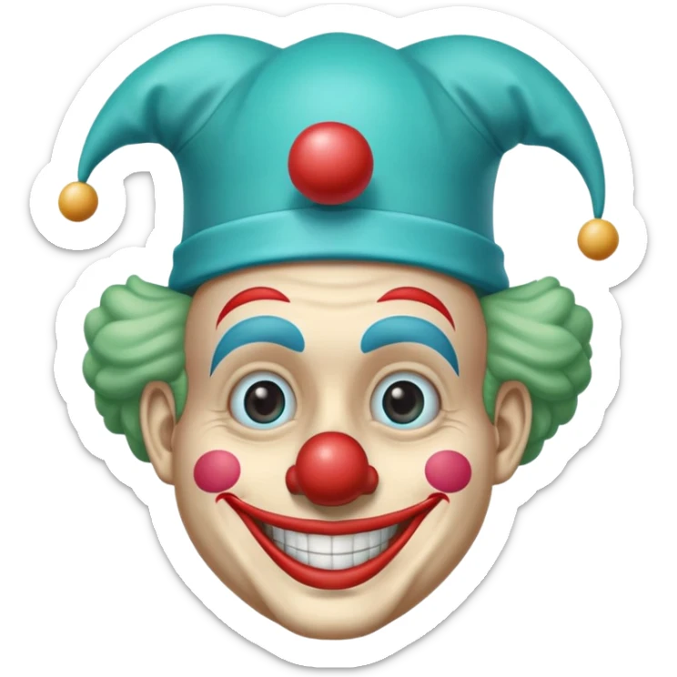 Chú hề, đội mũ chú hề cao xanh nước biển, cười tươi, khuôn mặt dài, 25 tuổi sticker