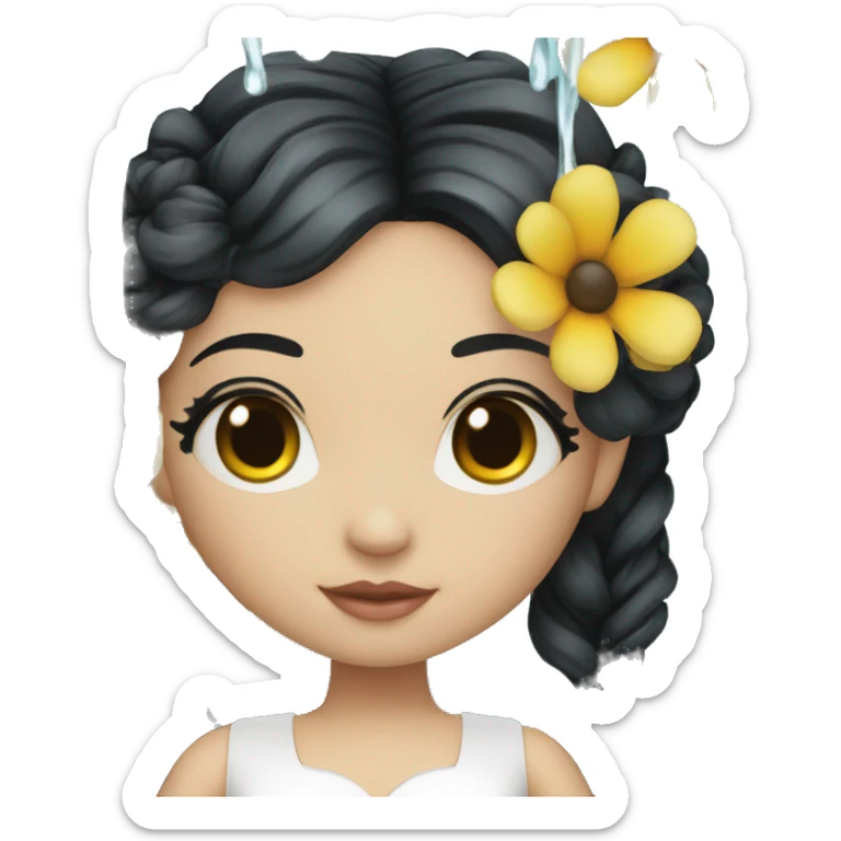Pretty young Lady doll with black hair flowers in hair white dress surrounded by flowing water sticker