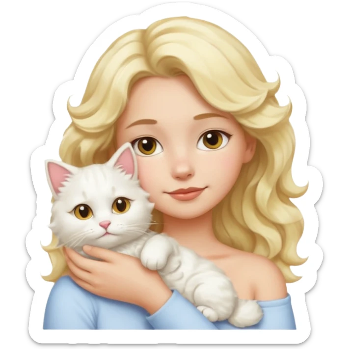a girl with wavy blonde hair, a white fluffy cat lying on her left shoulder and neck, emoji style sticker