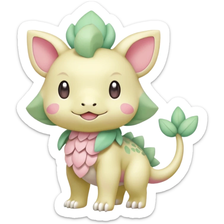 Pastel yellow beige and pastel greens and pinks rosy blushing cute kawaii Inteleon-Pokémon-Amaura-fusion (full body) sticker