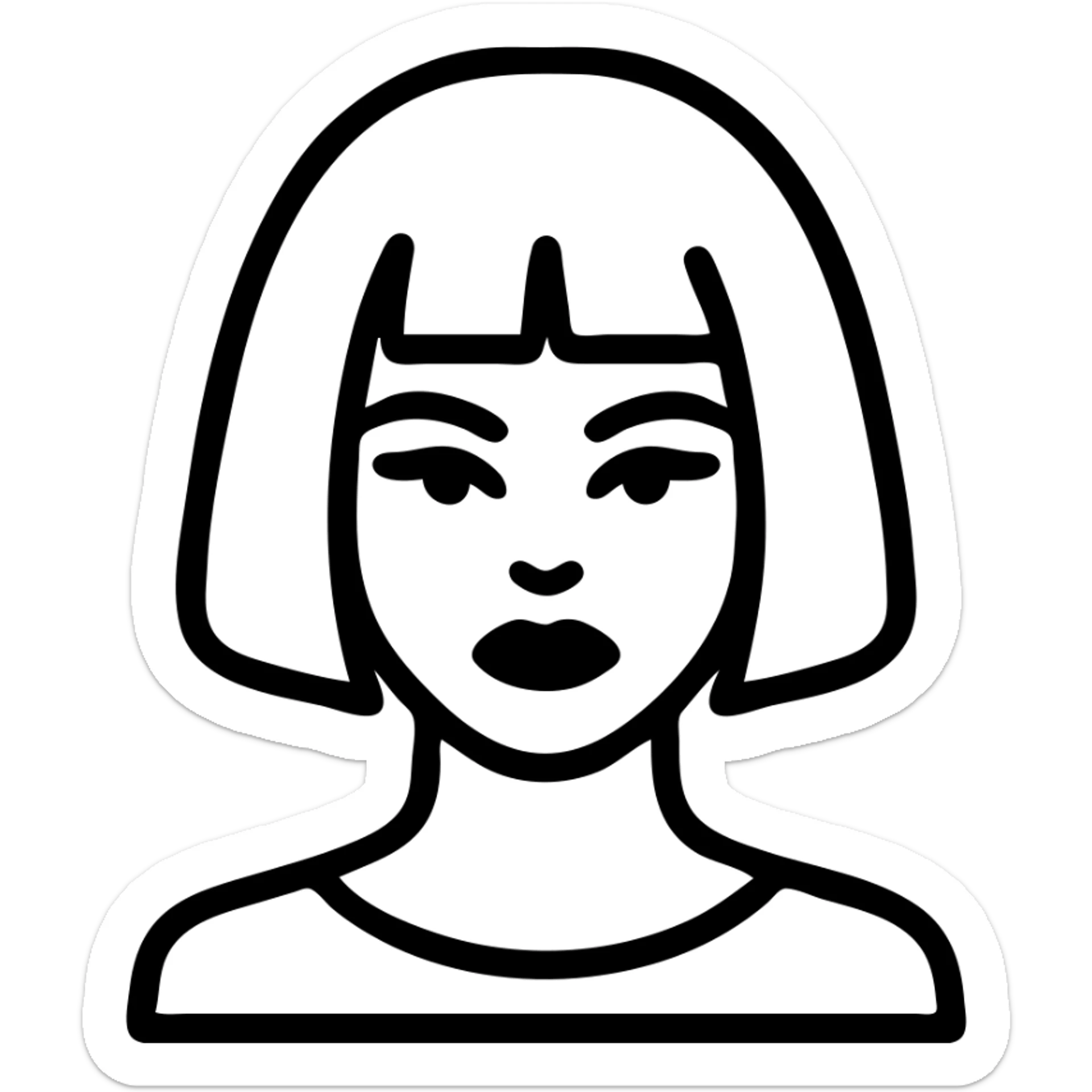 goth girl, pale skin, short black bob, heavy eyeliner, black lipstick, minimalist outline style sticker