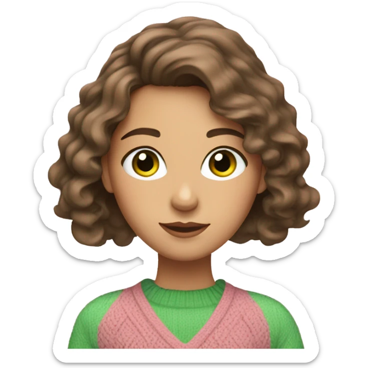 Caucasian brunette girl with wavy hair and green eyes and a pink sweater sticker