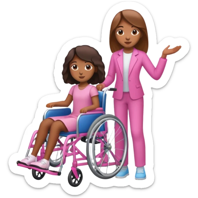 One tan skin sister standing behind her brown skin sister in a pink wheelchair sticker
