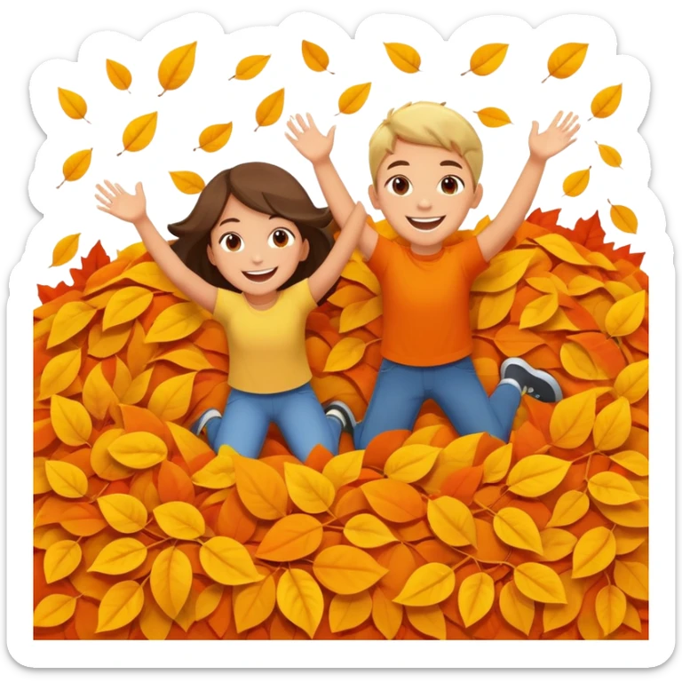two children mid-air above a big pile of orange and yellow leaves, smiling faces sticker