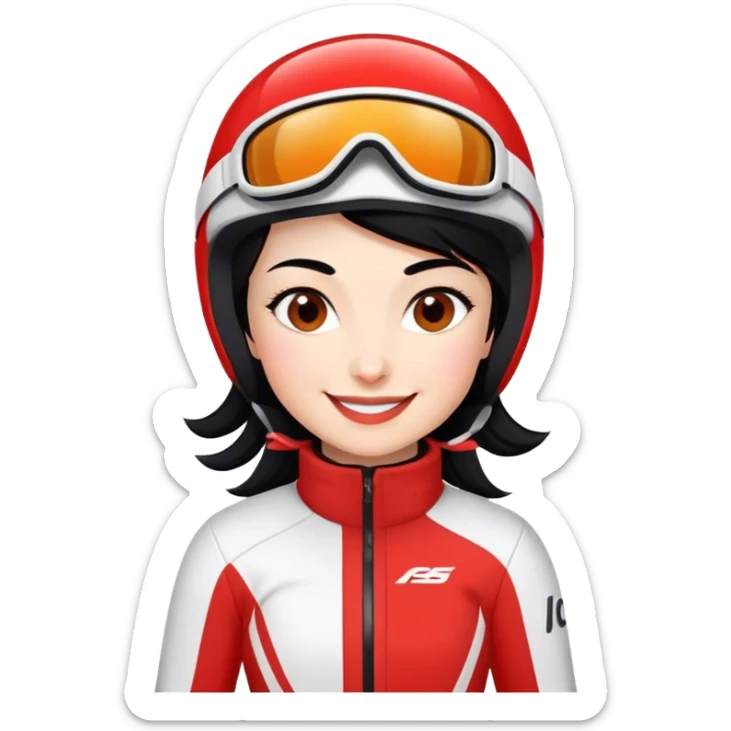 Ski racer downhill woman red white dress black hair smiling sticker