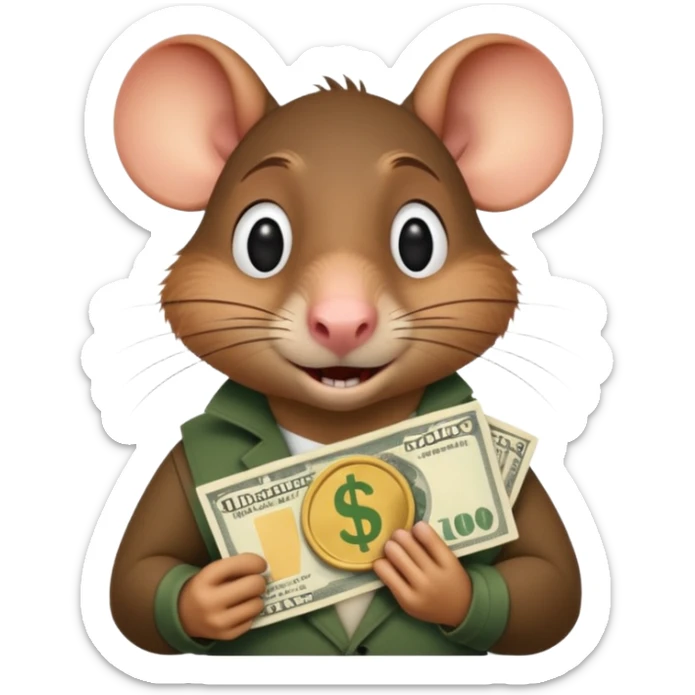 roddy the rat from the movie Flushed Away, holding cash sticker